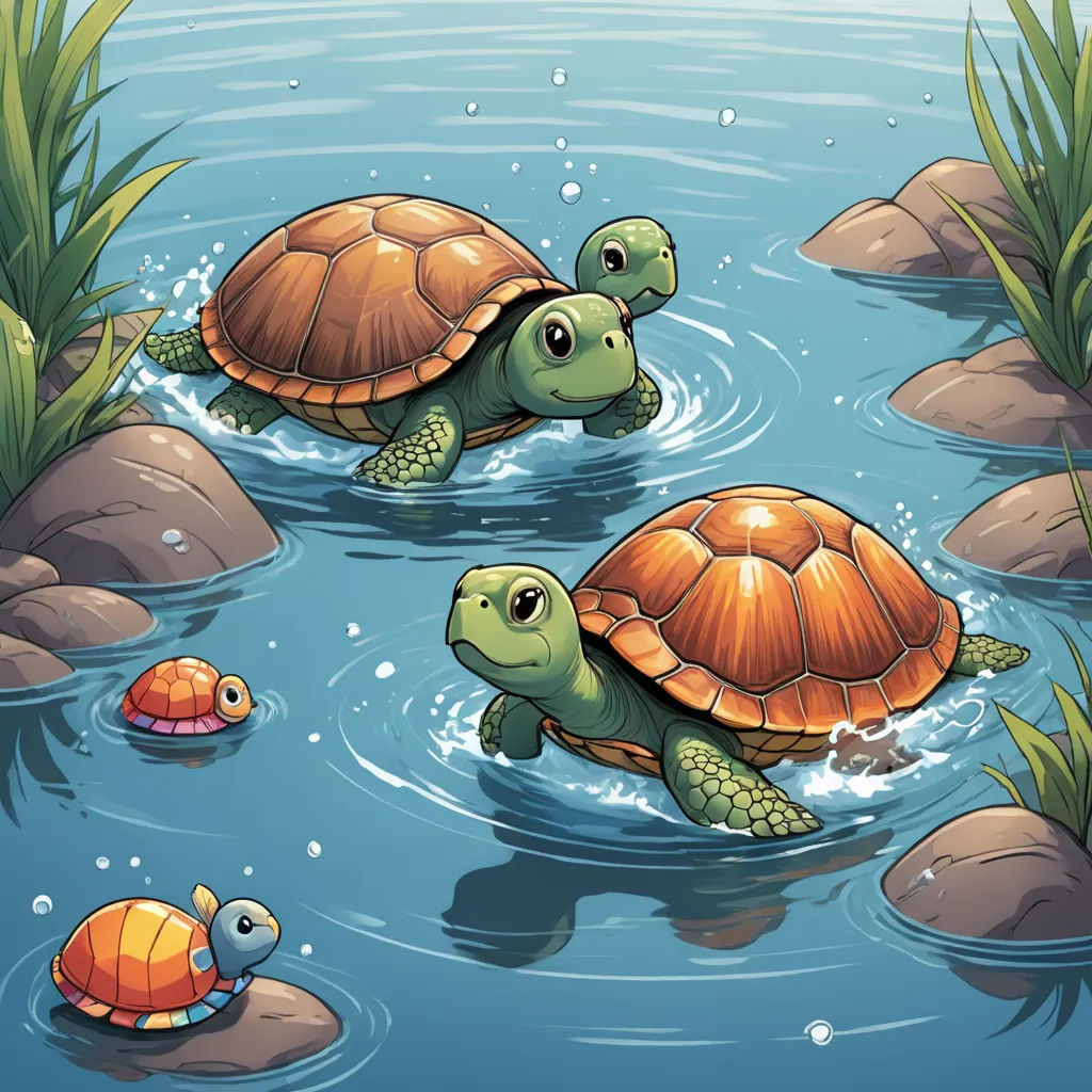 three turtles swimming in the pond with rocks and grass around them illustration by alex krapfa, a digital artist, sots art, a storybook illustration, Dan Mumford, storybook illustration