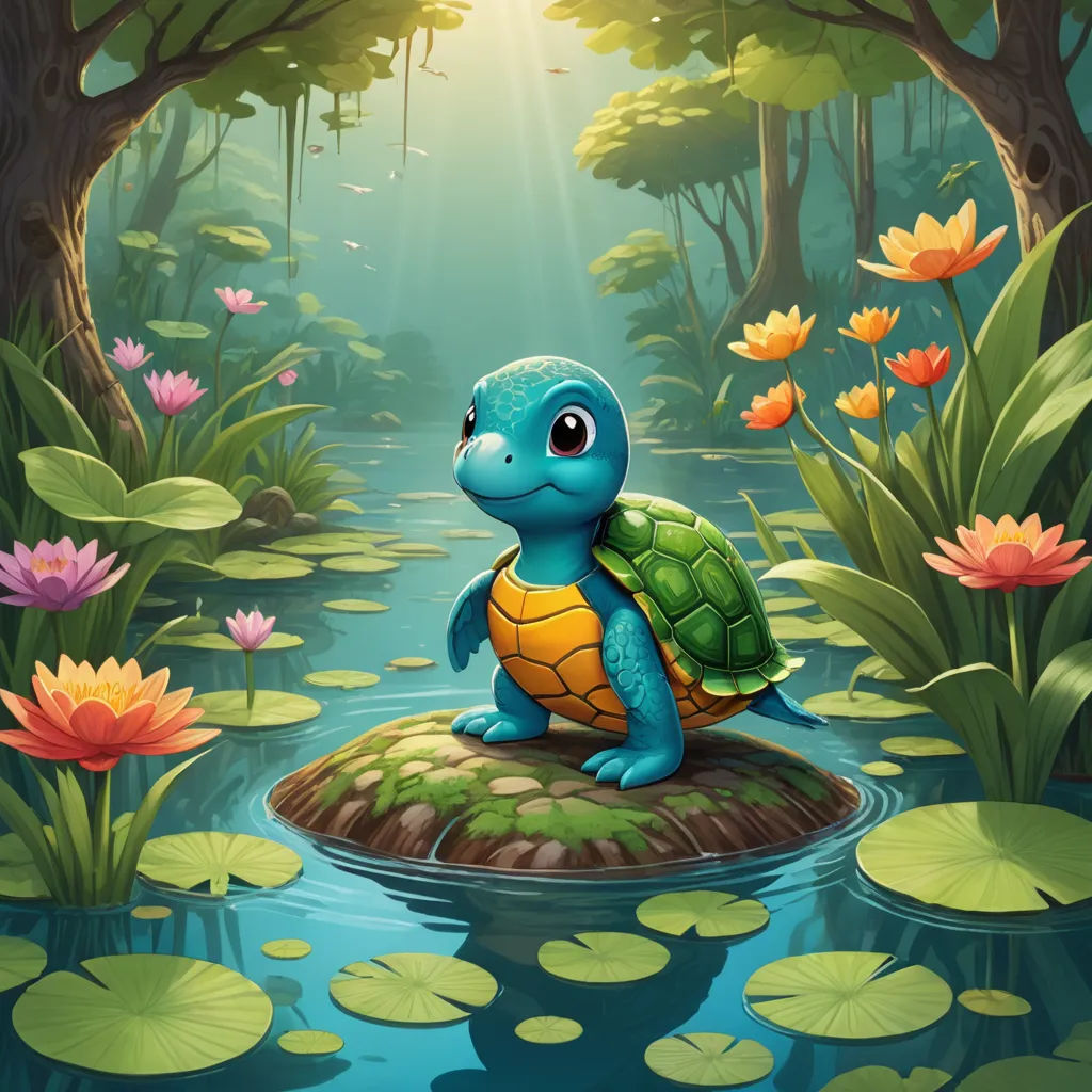 a turtle sitting on a rock in a pond of water surrounded by lily pads and trees with a sunbeam, sots art, a storybook illustration, Chris LaBrooy, magic the gathering artwork