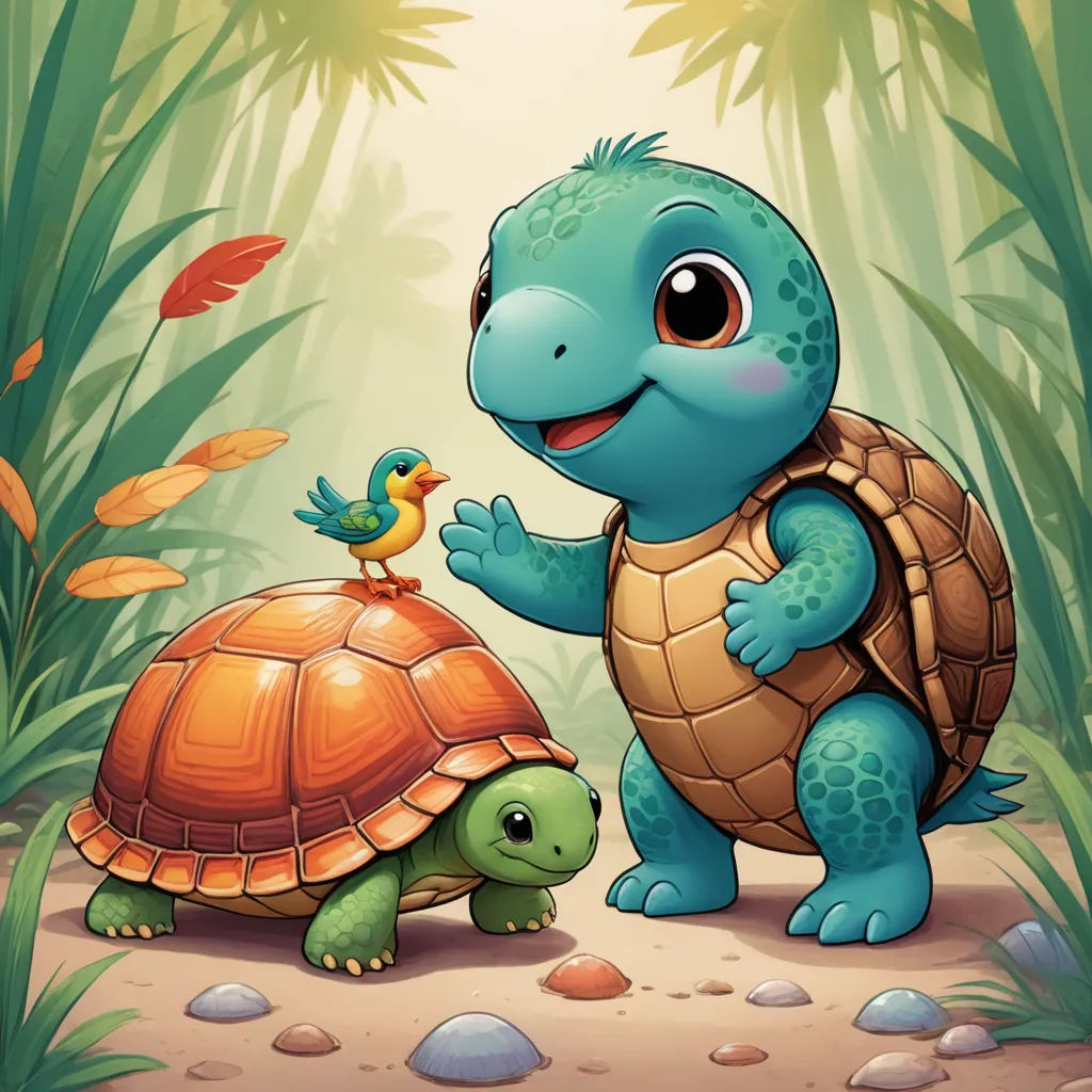 a turtle and a duck are standing in the grass together, and one turtle is looking at the other turtle, sots art, a storybook illustration, Chris LaBrooy, storybook illustration