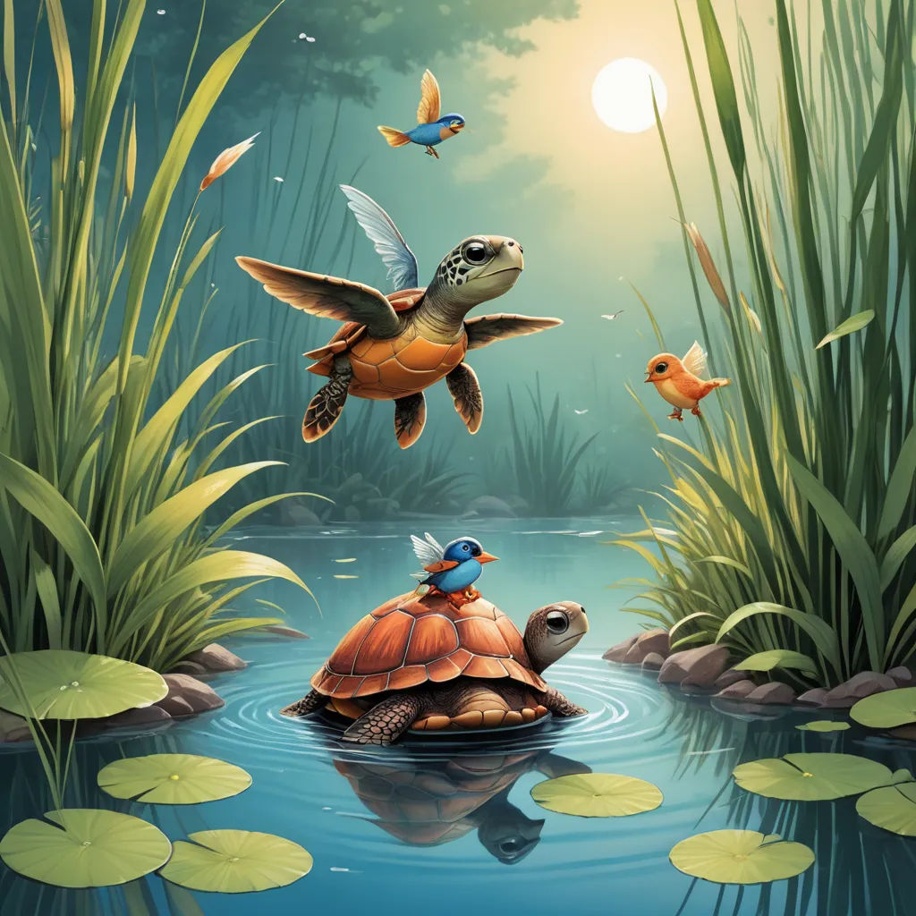 a painting of a turtle and a turtle swimming in a pond with lily pads and a bird flying above, fantasy art, a storybook illustration, Chris LaBrooy, storybook illustration