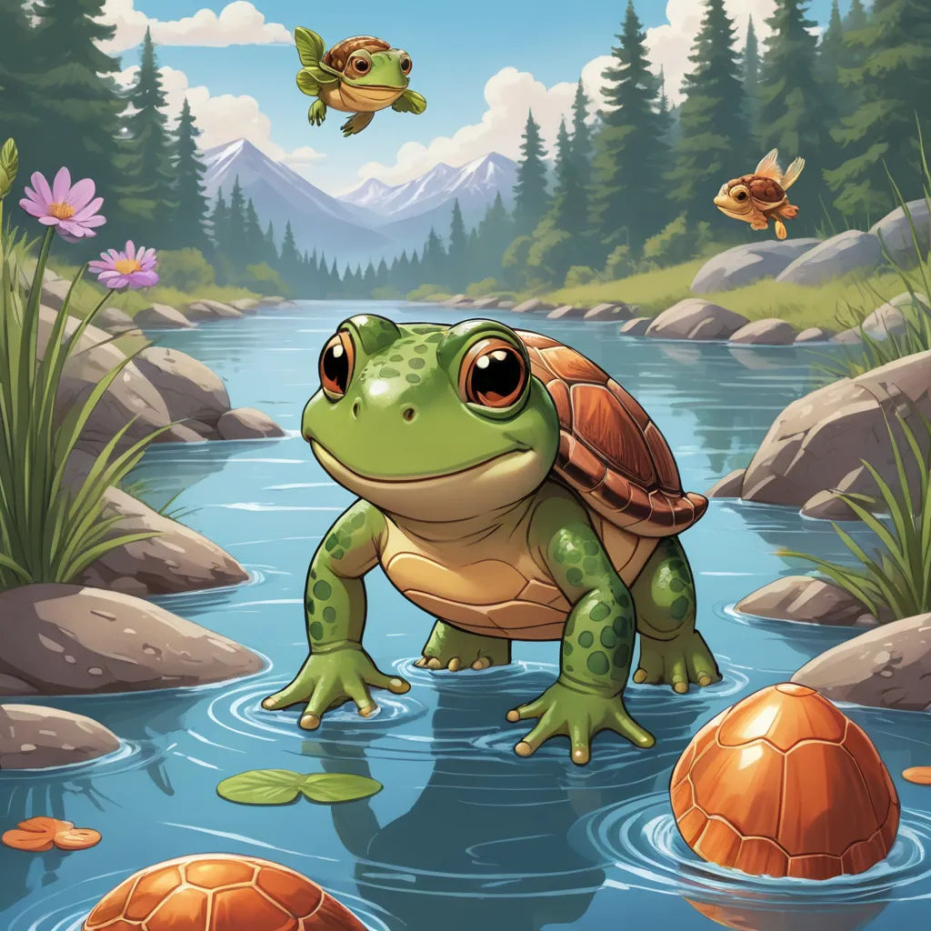 a frog and a turtle are in the water near some rocks and flowers and a mountain range is in the background, sots art, a storybook illustration, Chris LaBrooy, game art