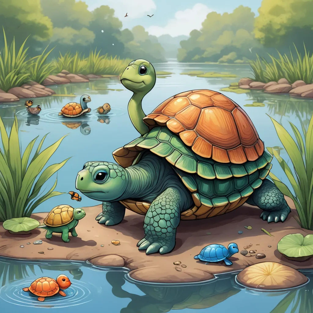 a turtle and two turtles in a pond with lily pads and a pond of water with lily pads and a pond with water lilies, sots art, a storybook illustration, Chris LaBrooy, highly detailed digital painting