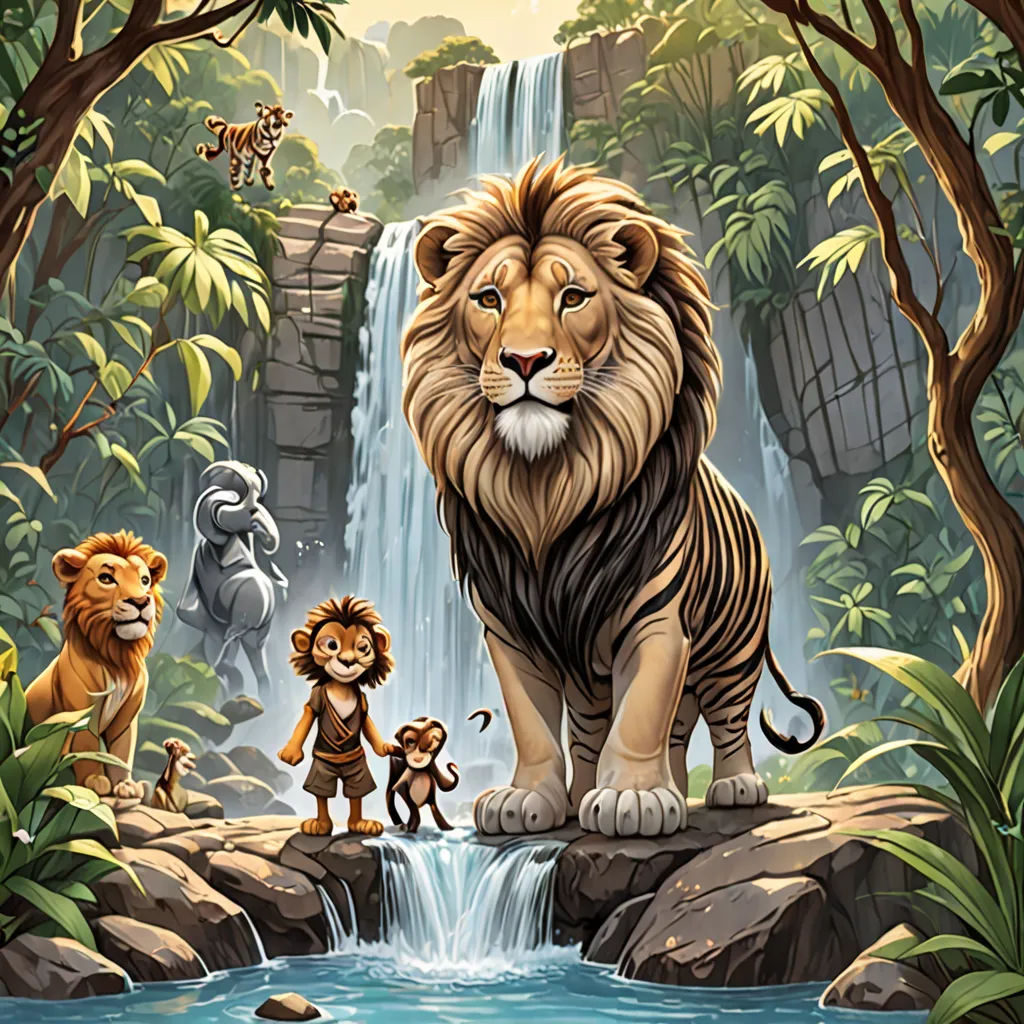 a painting of a lion and other animals in a jungle setting with a waterfall and a waterfall behind it, lyco art, a storybook illustration, Chris LaBrooy, official art