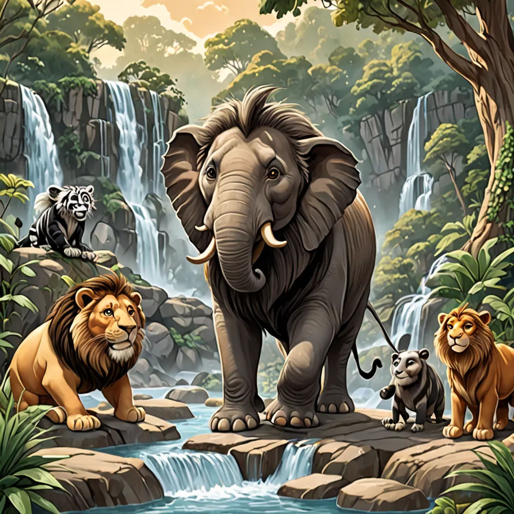 a painting of a group of animals in a jungle setting with waterfall and trees in the background, with a waterfall and a few other animals, naturalism, a storybook illustration, Chris LaBrooy, highly detailed digital painting