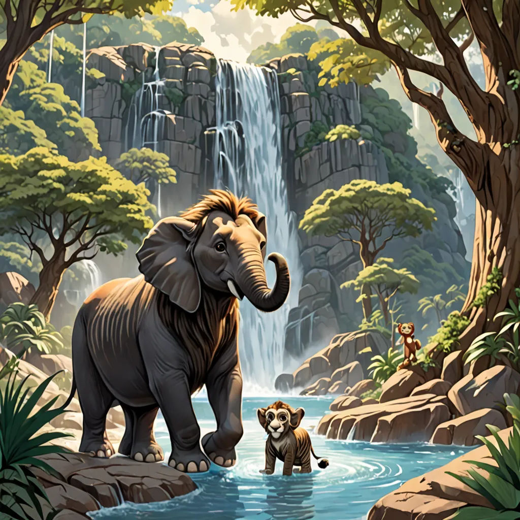 a painting of a waterfall with a group of animals in it and a man standing in the water next to it, american scene painting, a storybook illustration, Chris LaBrooy, official art