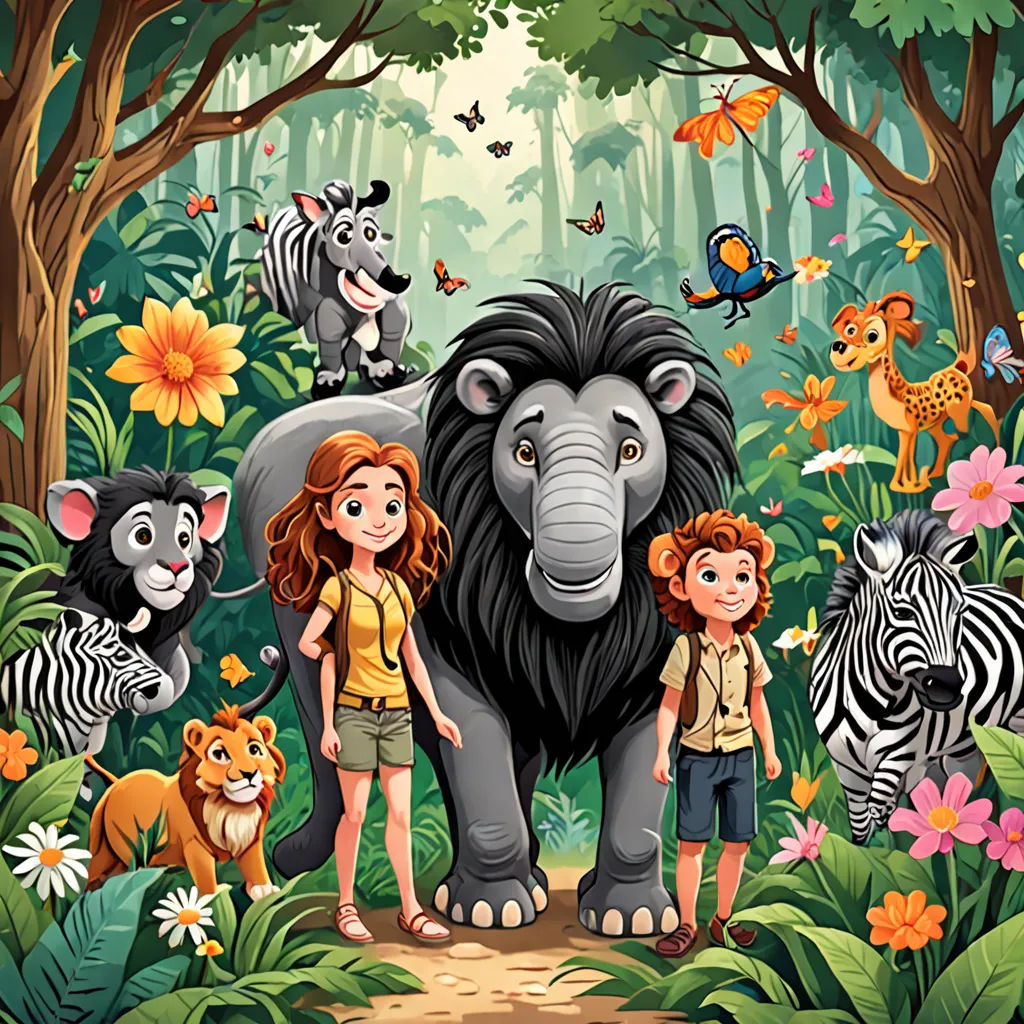a boy and a girl standing in front of a jungle scene with a lion, zebra, and other animals, lyco art, a storybook illustration, Diego Gisbert Llorens, promotional image