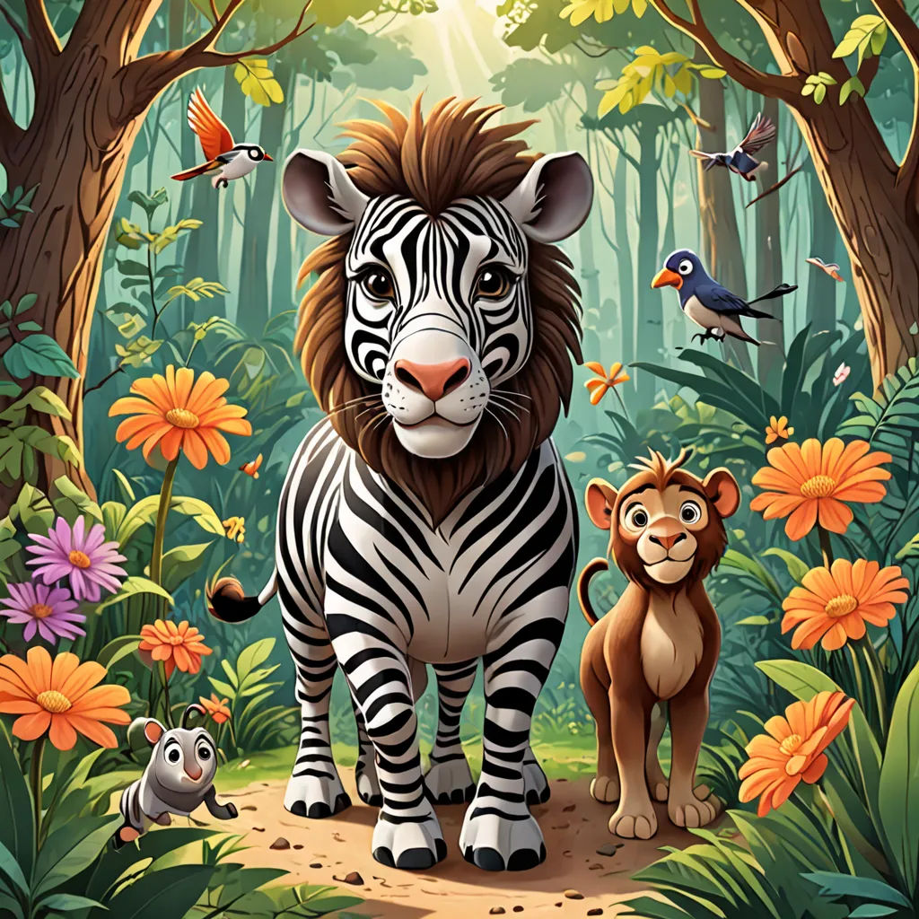 a zebra and a lion in a jungle with flowers and birds around them, and a bird on the ground, lyco art, a storybook illustration, Chris LaBrooy, promotional image