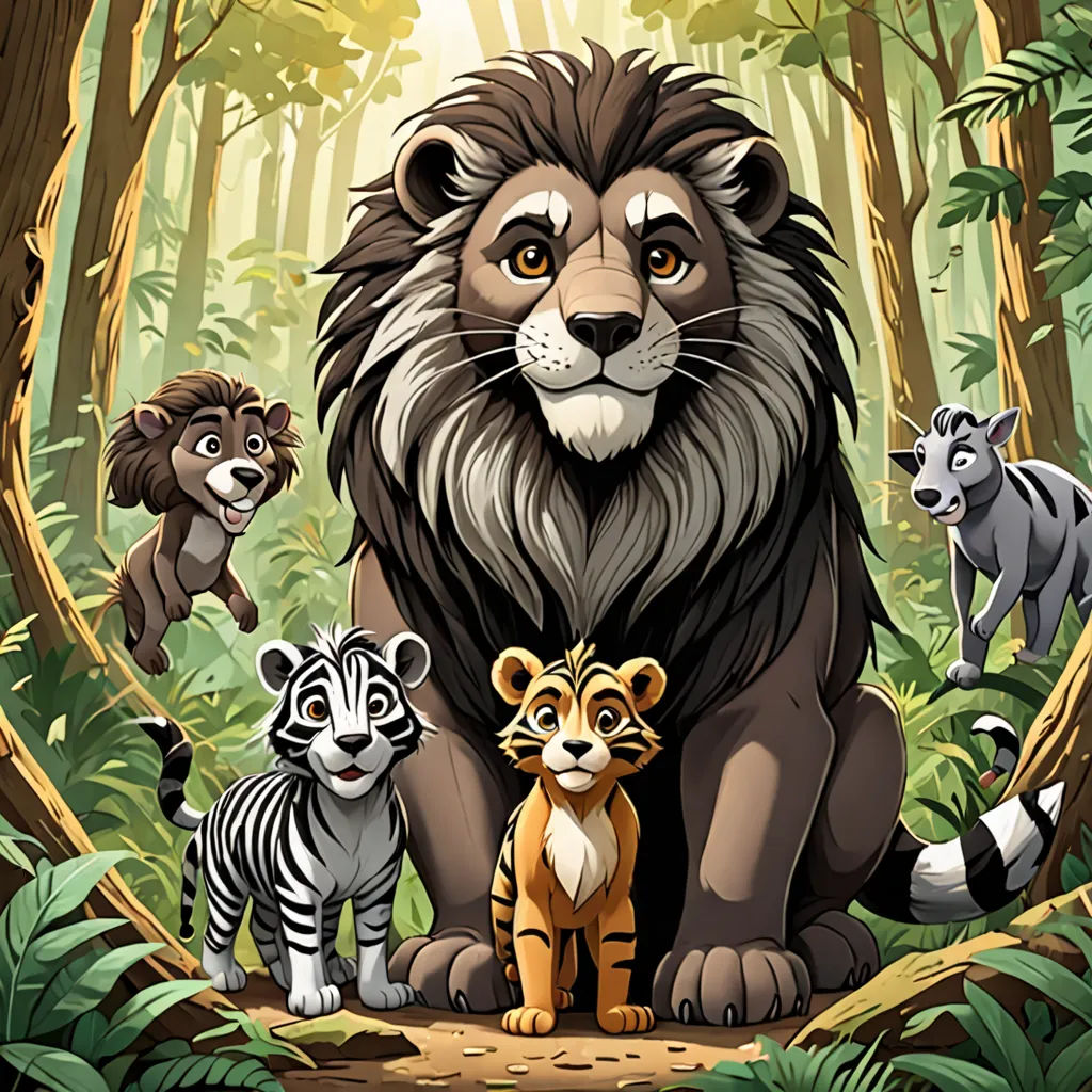 a lion, a zebra, and a tiger in a jungle scene with trees and bushes and foliages, sots art, a storybook illustration, Altoon Sultan, official art