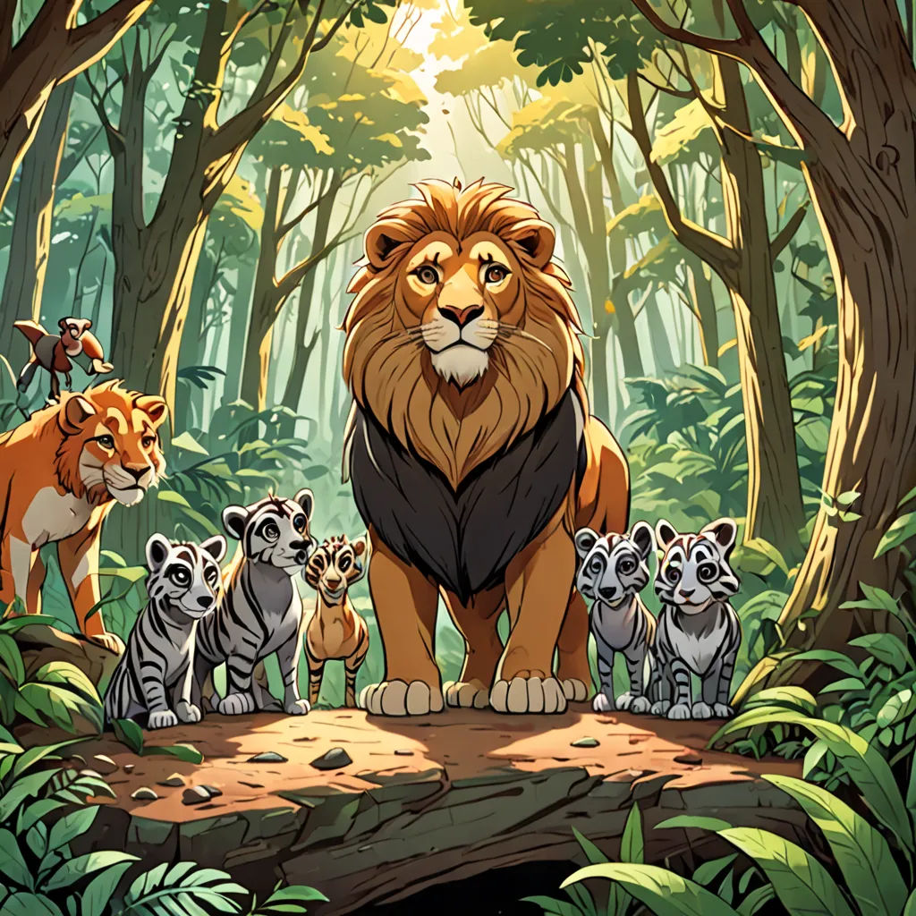a lion surrounded by many small cubs in a forest with trees and foliages, with a bright light shining on the background, sots art, a poster, Don Bluth, official art