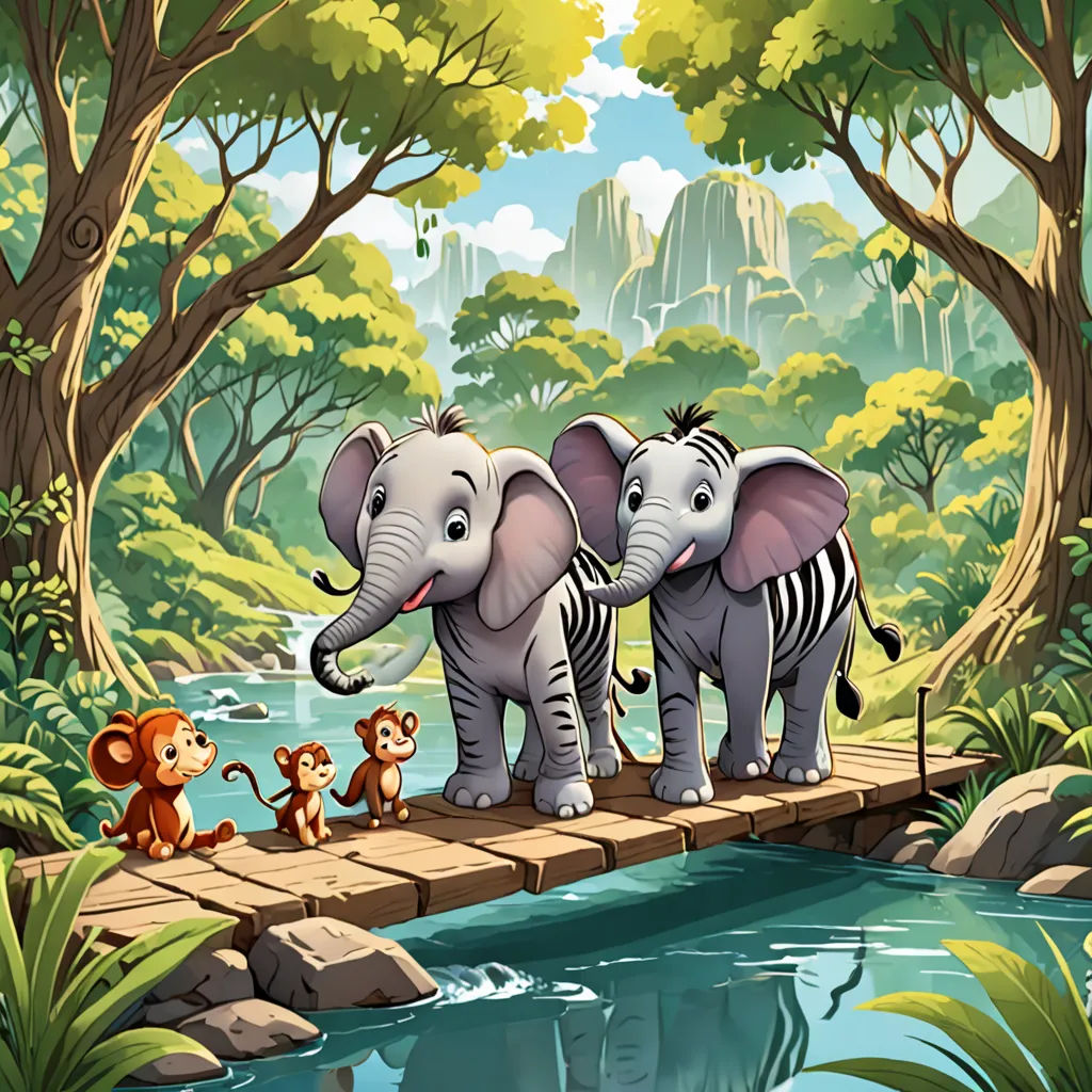 a group of elephants crossing a bridge over a river with a monkey and a monkey on it's side, magic realism, a storybook illustration, Chris LaBrooy, jungle