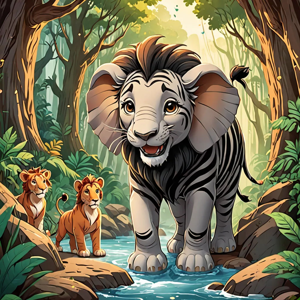 a cartoon of a lion and two cubs in a jungle setting with a stream running through the jungle, and trees and rocks, lyco art, a storybook illustration, Amédée Ozenfant, official art