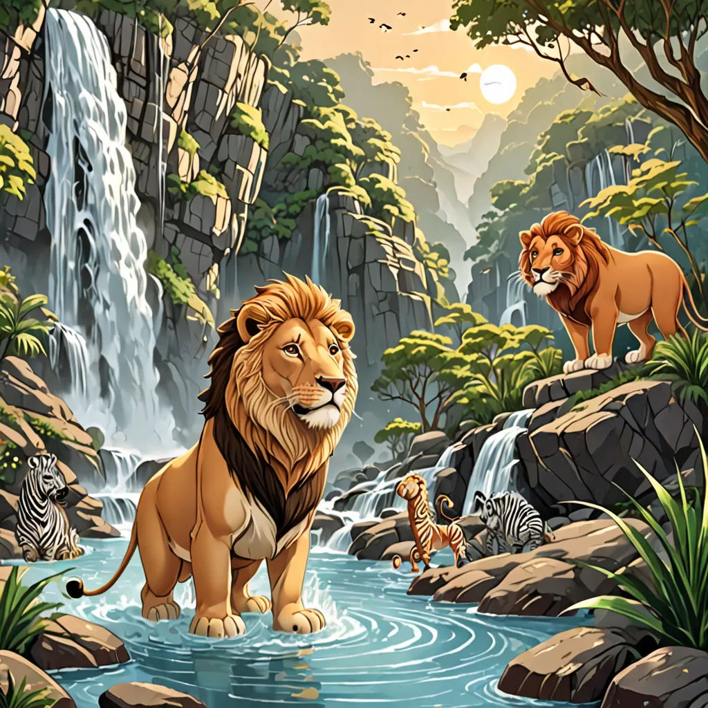a painting of a lion and a tiger in a river with a waterfall in the background and a forest with zebras, fantasy art, a storybook illustration, Chris LaBrooy, highly detailed digital painting