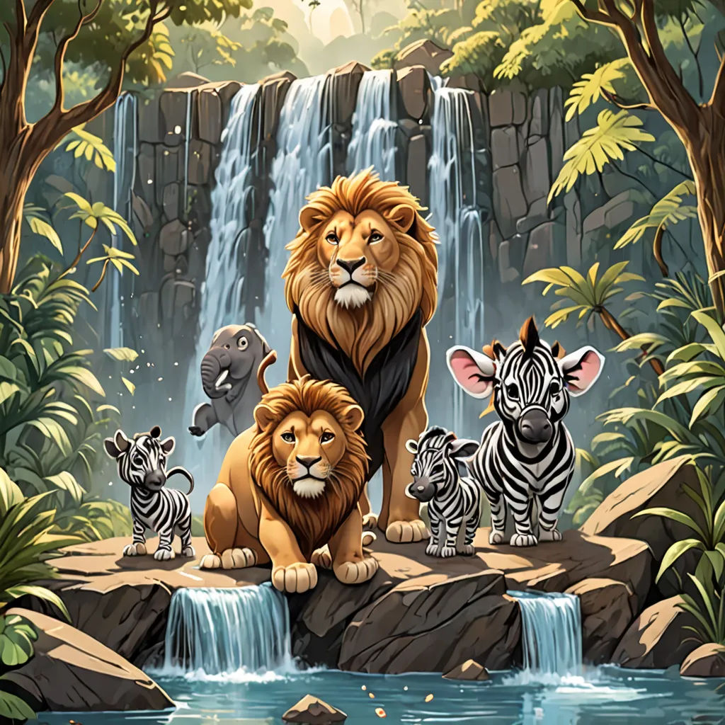 a painting of a lion, zebra, and other animals in front of a waterfall with a waterfall in the background, lyco art, a storybook illustration, Chris LaBrooy, official art