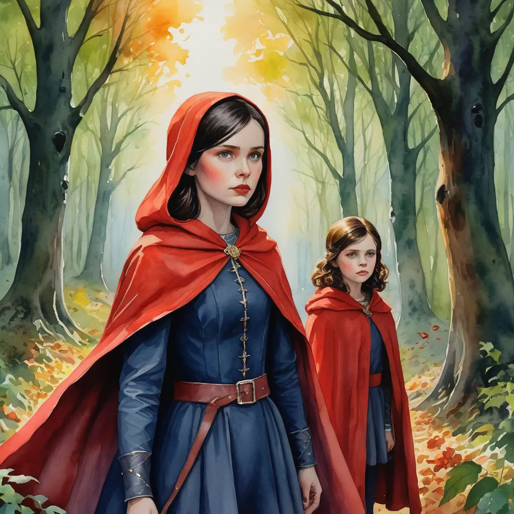 a painting of a woman and a child in a forest with trees and leaves, with a red cape on, fantasy art, a storybook illustration, Brothers Hildebrandt, storybook illustration