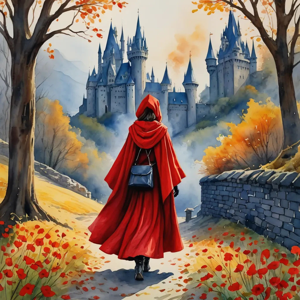 a painting of a woman in a red cloak walking towards a castle with a red cloak on her head, fantasy art, a storybook illustration, Anne Stokes, fantasy artwork