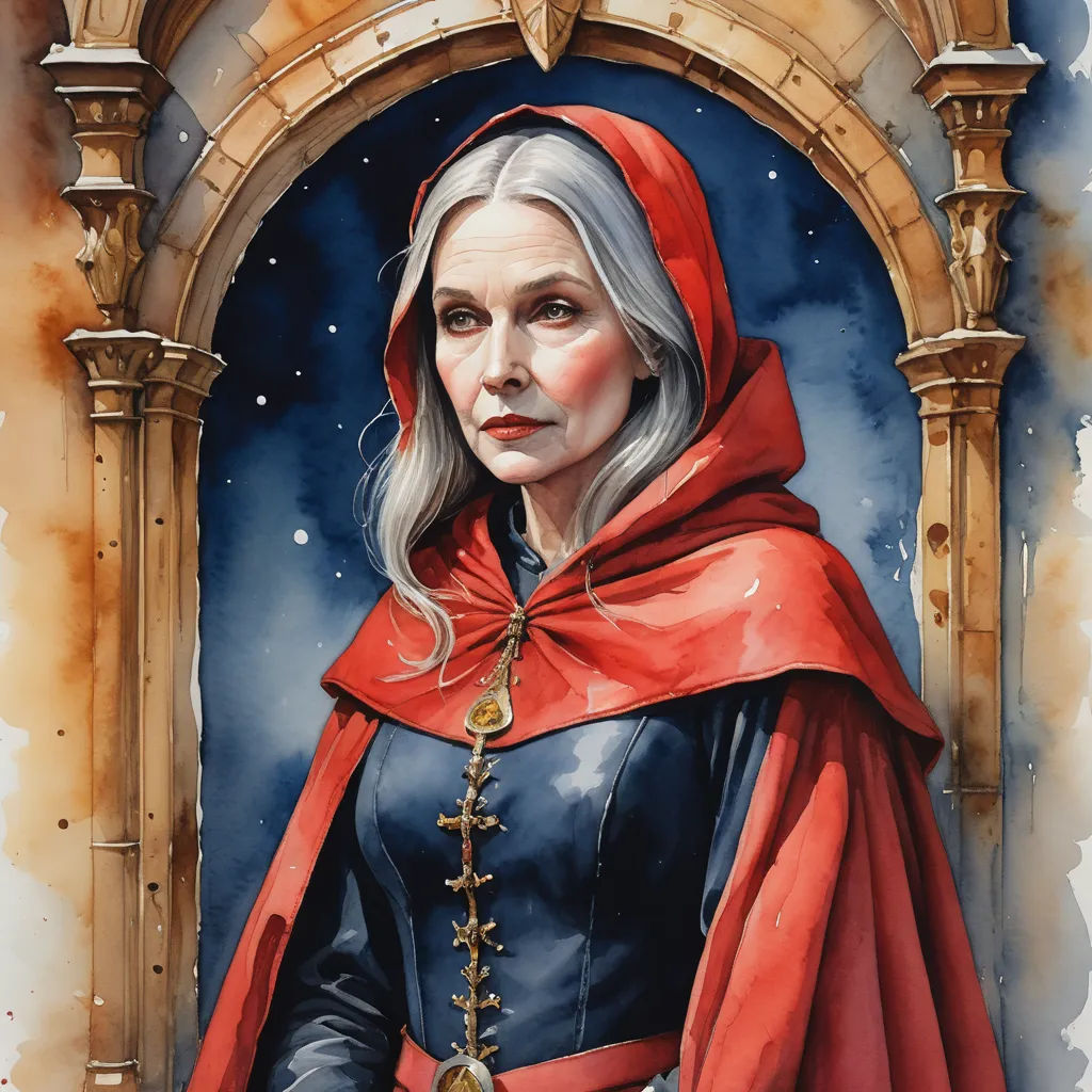 a painting of a woman in a red cloak and a red cape on her head and a gold chain around her neck, fantasy art, an ultrafine detailed painting, Donato Giancola, epic fantasy character art