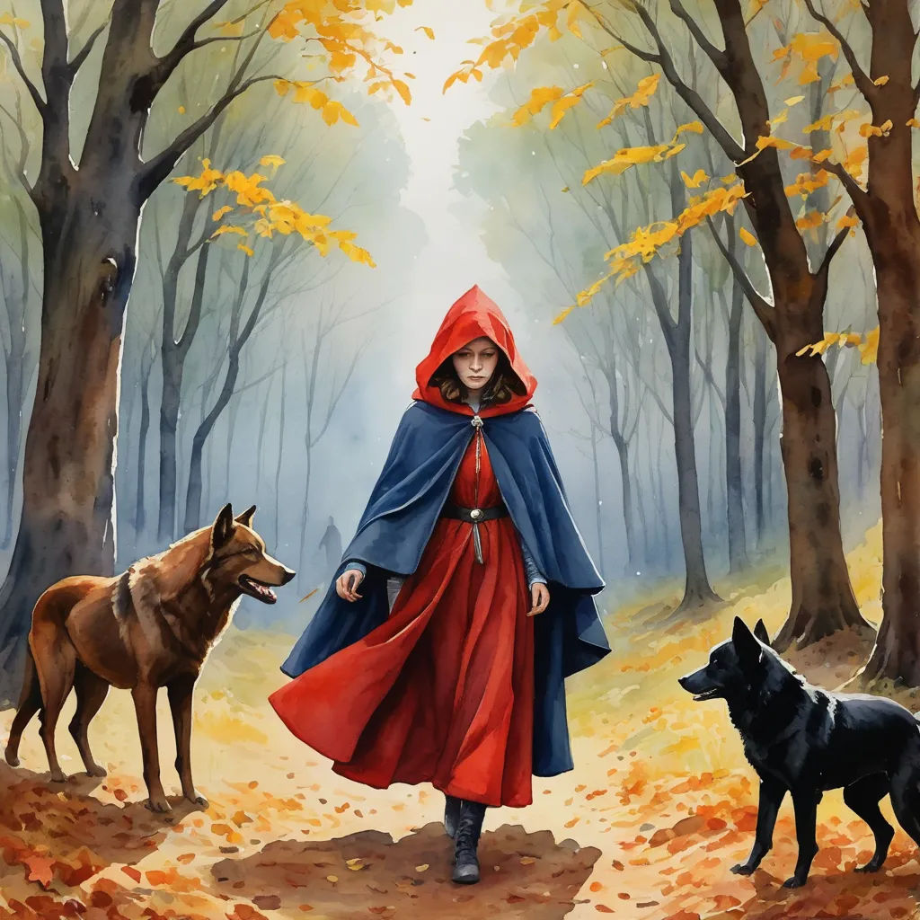 a painting of a woman in a red cape and two dogs in a forest with trees and leaves on the ground, fantasy art, a storybook illustration, Anne Stokes, storybook illustration