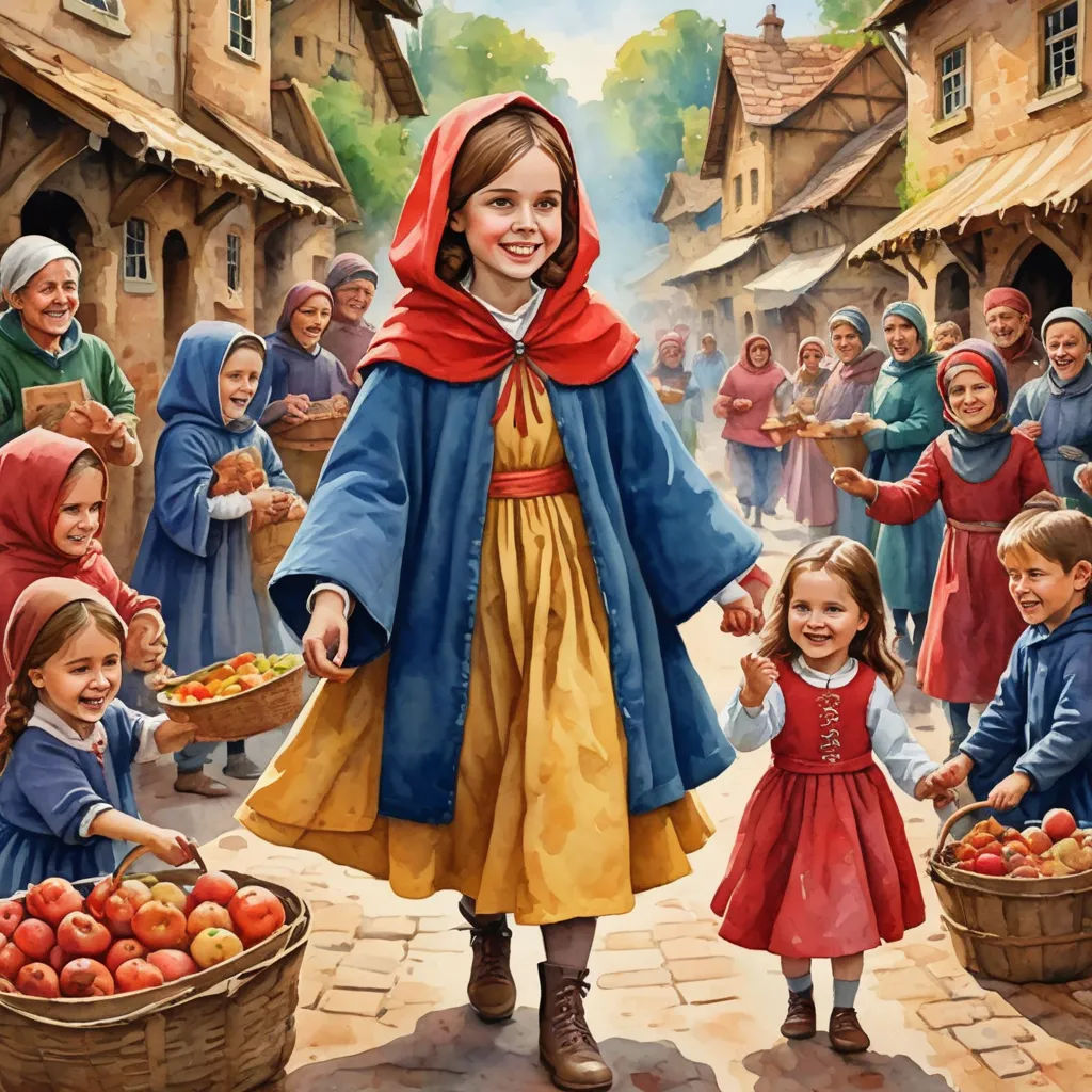 a painting of a little girl in a red cape and a red hoodie standing in front of a group of children, naive art, a storybook illustration, Bob Byerley, storybook illustration