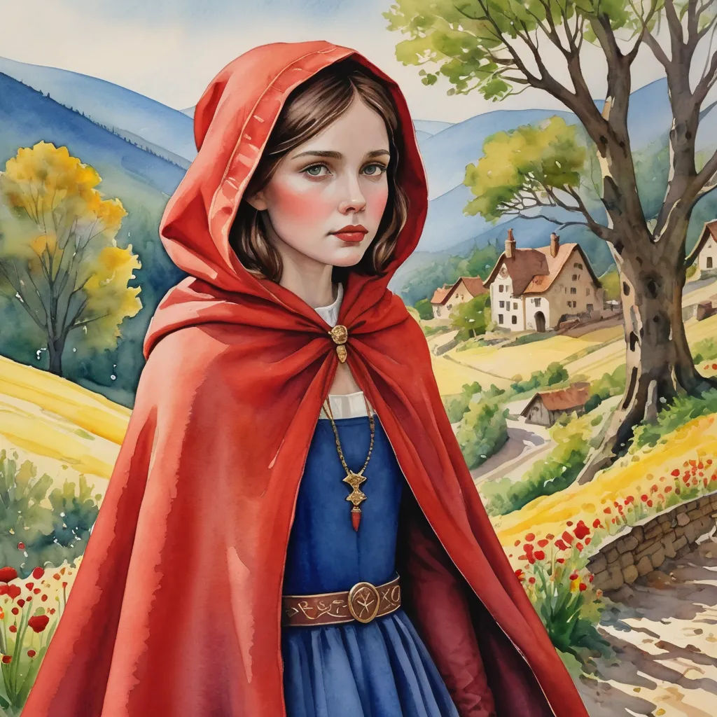 a painting of a girl in a red cape and blue dress with a red hood on her head and a red cape over her head, fantasy art, a storybook illustration, Dorothy Hood, storybook illustration