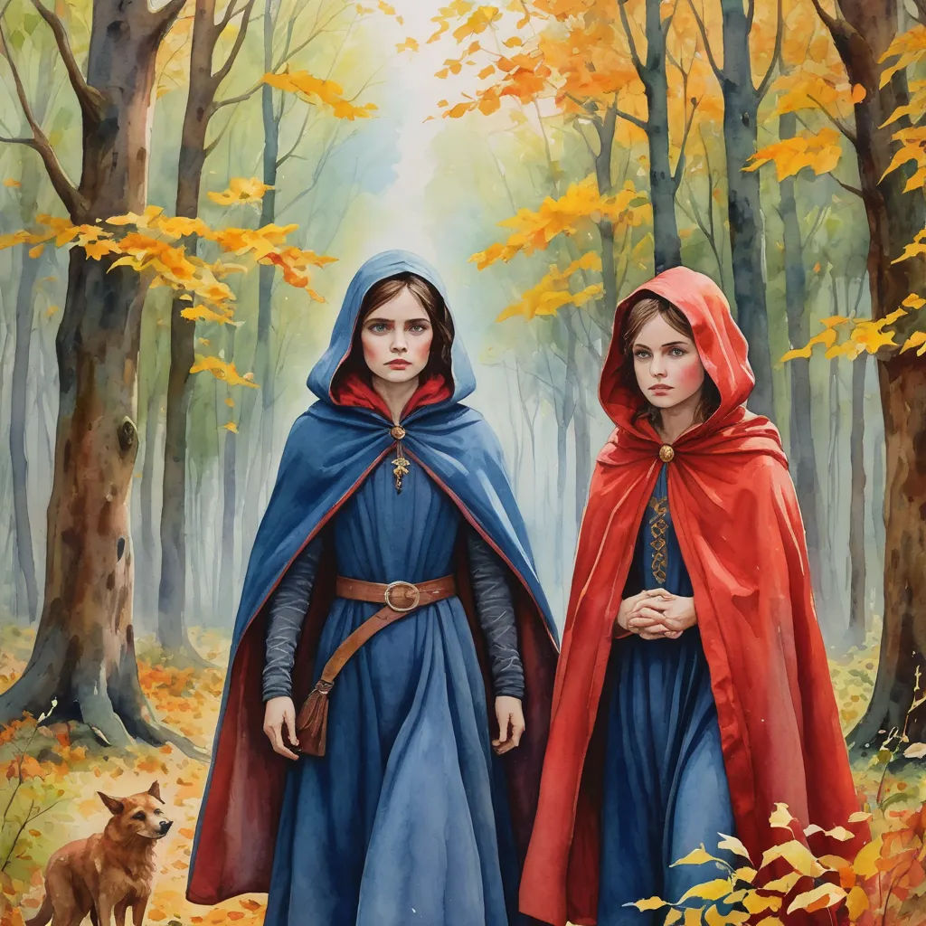 two women in red and blue cloaks standing in a forest with a dog nearby on a fall day, fantasy art, a detailed painting, Brothers Hildebrandt, official art