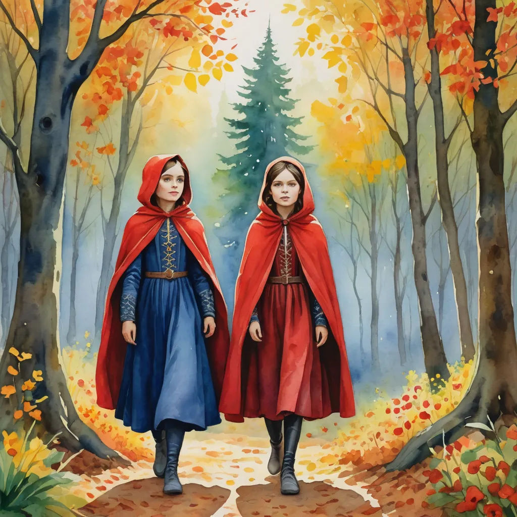 two children in red capes walk through a forest with trees and leaves on the ground, one of them is wearing a blue dress, fantasy art, a storybook illustration, Brothers Hildebrandt, in gouache detailed paintings