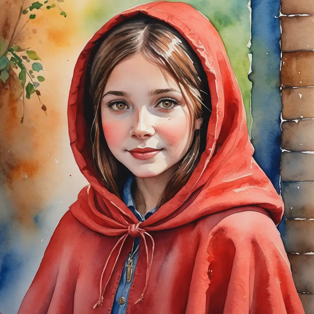 a painting of a girl wearing a red cloak and a blue dress with a red hoodie on her head, figurative art, a watercolor painting, David Roberts, detailed painting