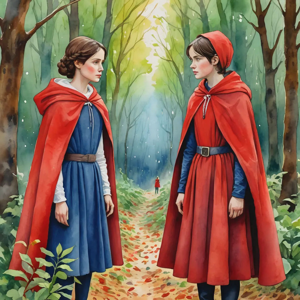 two girls in red capes are standing in the woods together, one is wearing a blue dress and the other is a red cape, serial art, a storybook illustration, Brothers Hildebrandt, official art