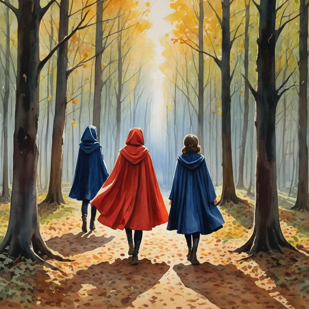 two people walking in the woods with a red cape on their head and a blue cloak on their shoulders, fantasy art, a storybook illustration, Christophe Vacher, official art