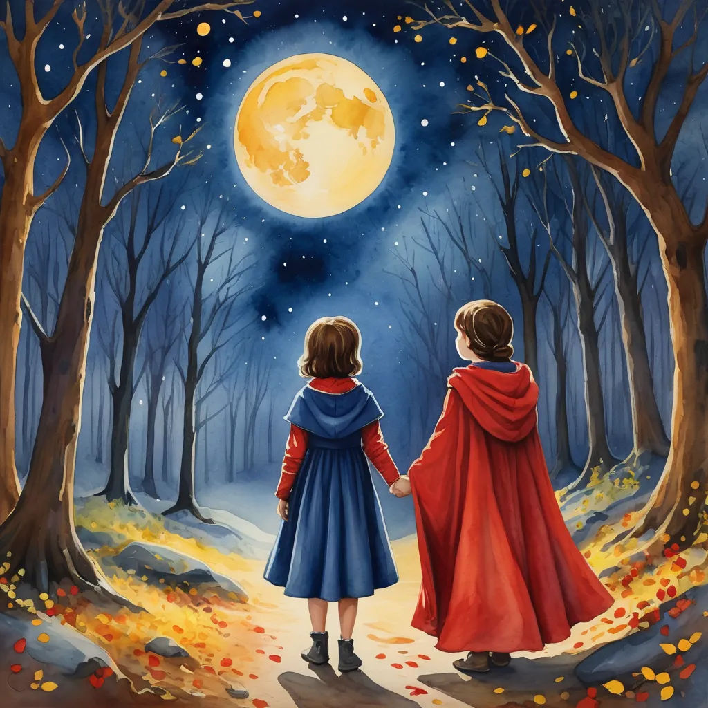 two children are walking in the woods towards the moon with a red cape on their shoulders and a blue cloak on their shoulders, fantasy art, a storybook illustration, Bob Ringwood, storybook illustration