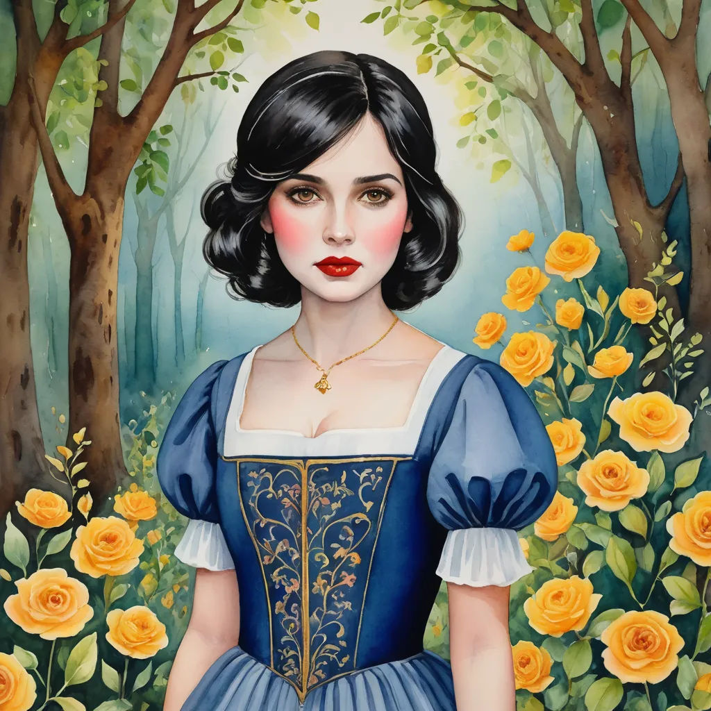 a painting of a woman in a blue dress in a forest with yellow roses and trees in the background, gothic art, a detailed painting, Anne Stokes, highly detailed digital painting
