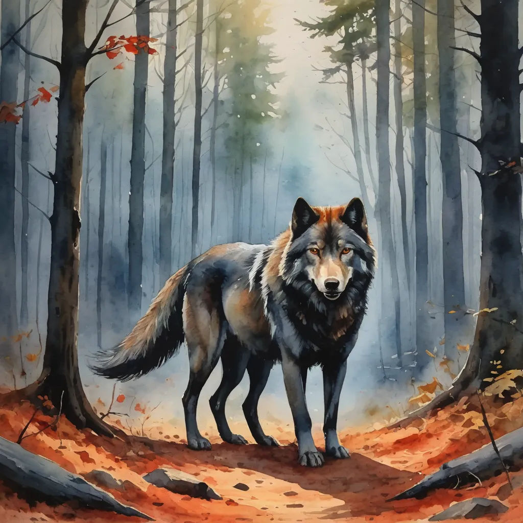a painting of a wolf standing in a forest with trees and leaves on the ground and a path leading to it, modern european ink painting, a watercolor painting, Anato Finnstark, watercolor