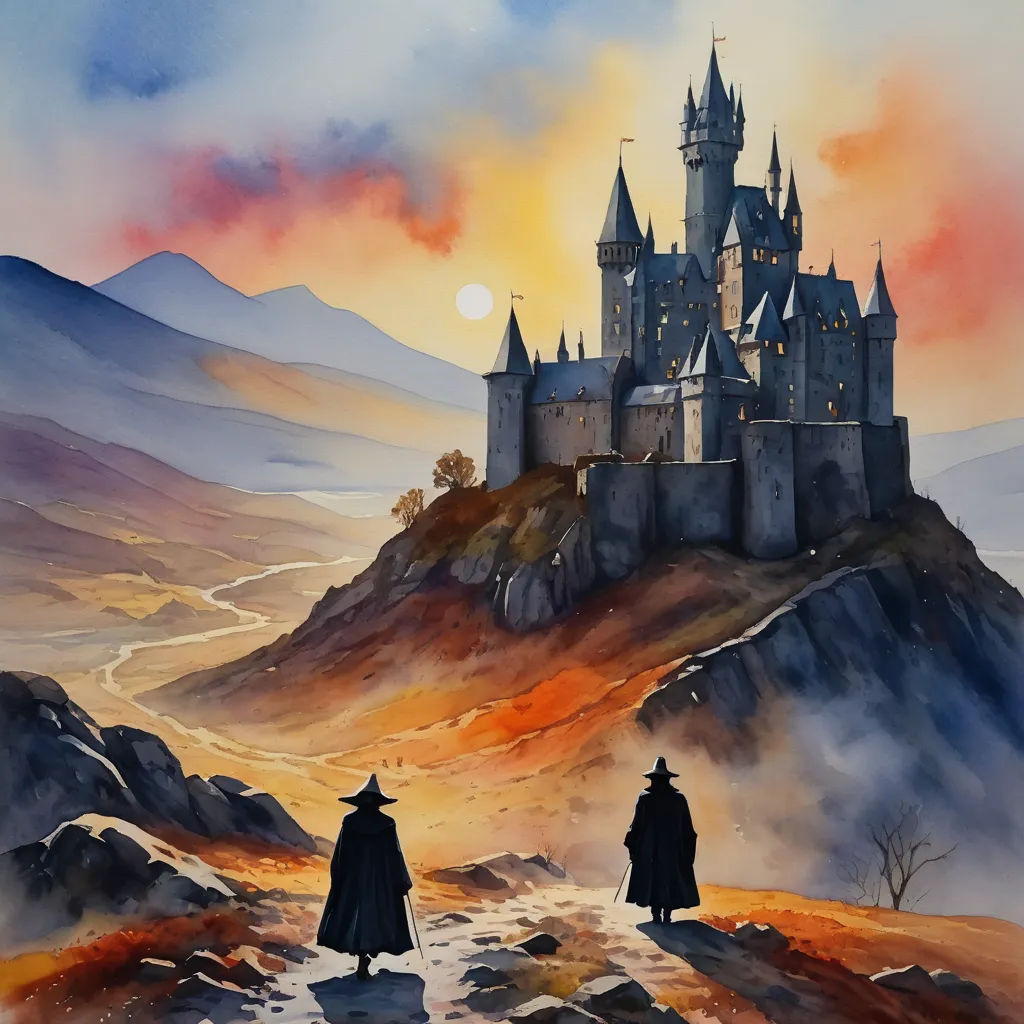 a painting of a castle with two people walking towards it on a hill with a sunset in the background, fantasy art, a detailed matte painting, Christophe Vacher, fantasy artwork