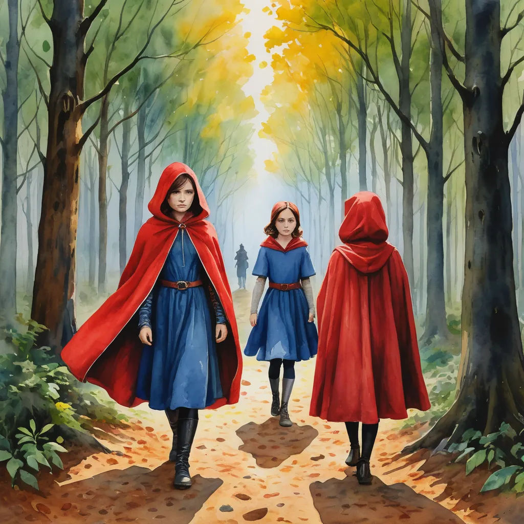 two children in red capes walk down a path in the woods with a man and woman in blue, antipodeans, a storybook illustration, Brothers Hildebrandt, official art