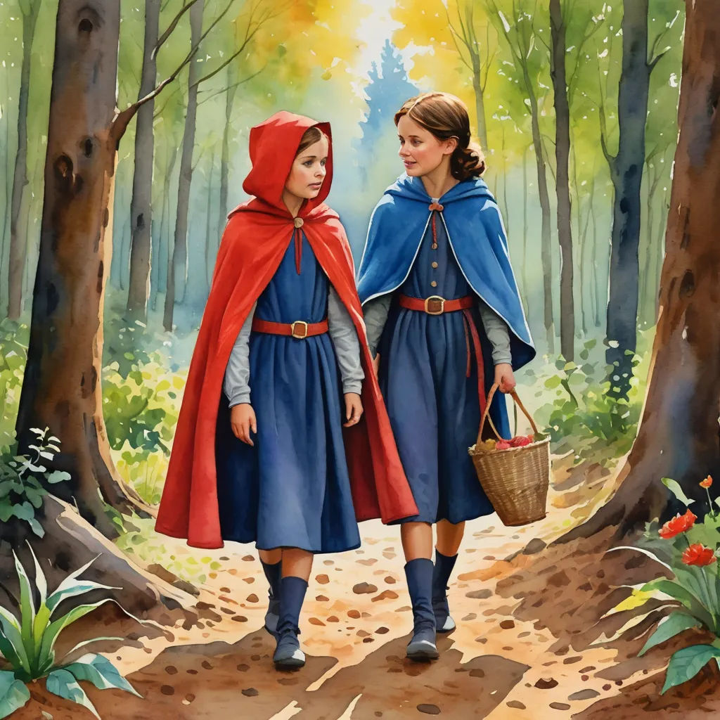 two children dressed in medieval clothing walking through a forest with a basket of flowers in their hand and a red cape on, magical realism, a storybook illustration, Brothers Hildebrandt, storybook illustration