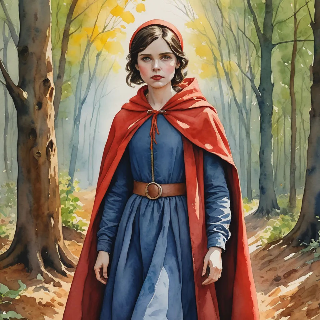 a painting of a girl in a red cape and blue dress standing in a forest with trees and leaves, fantasy art, a detailed painting, Clarice Beckett, official art
