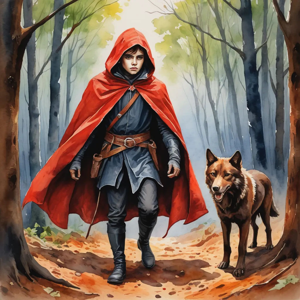 a painting of a man in a red cape and a dog in a forest with trees and leaves on the ground, fantasy art, a character portrait, Aaron Jasinski, red