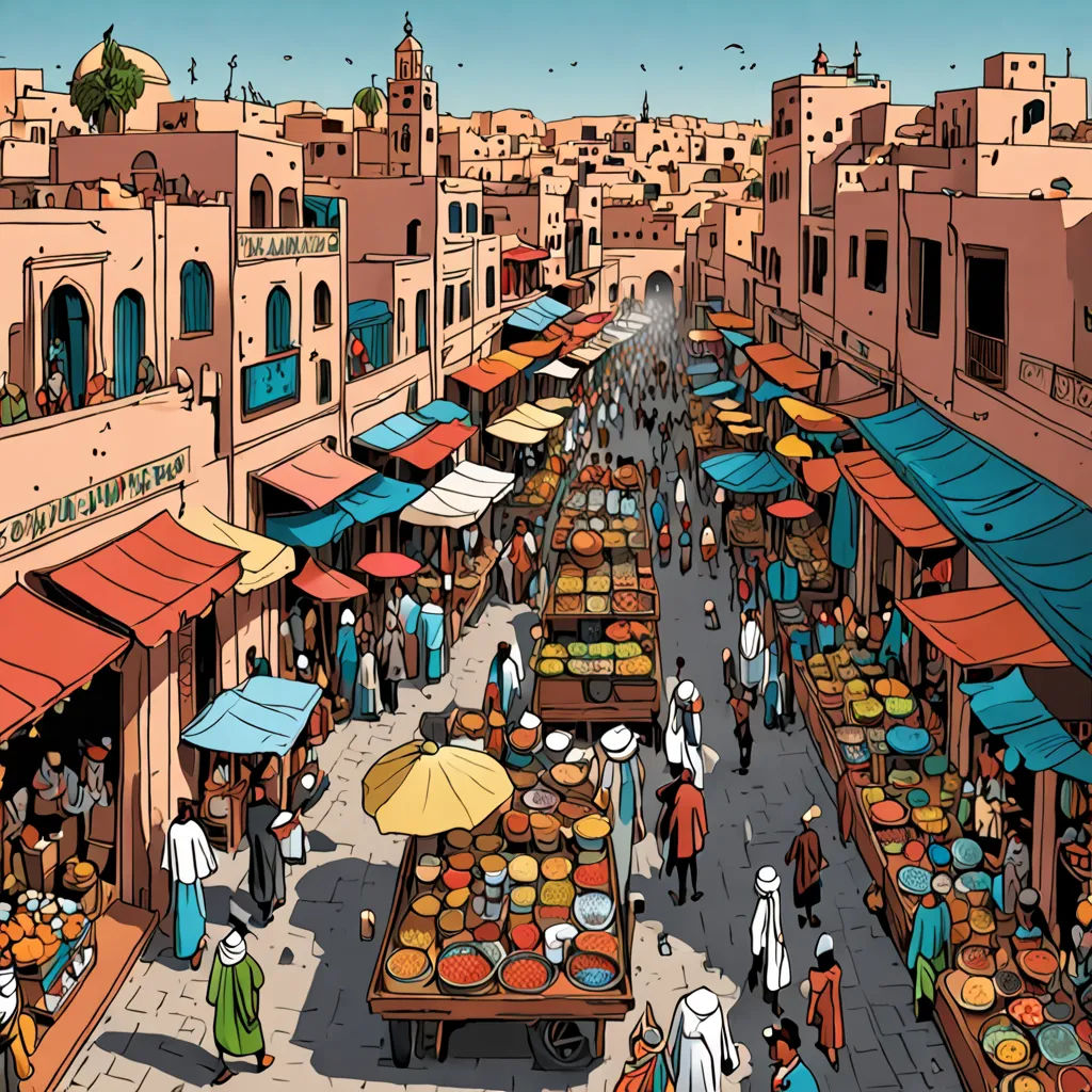 a painting of a street market with people walking around it and a lot of umbrellas and tables with food, art & language, a comic book panel, Asaf Hanuka, orientalism