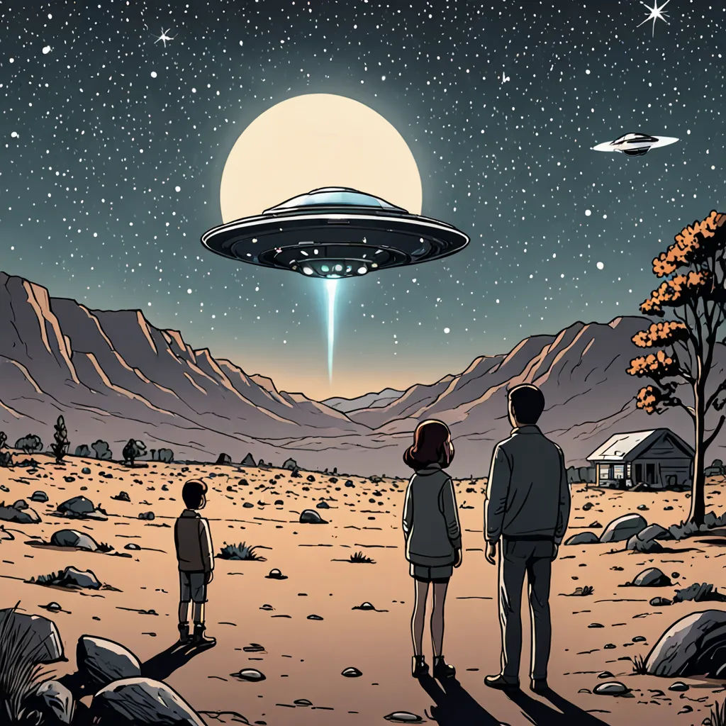 a man and a woman looking at a flying object in the sky over a desert landscape with mountains and a house, sots art, poster art, Asaf Hanuka, promotional image