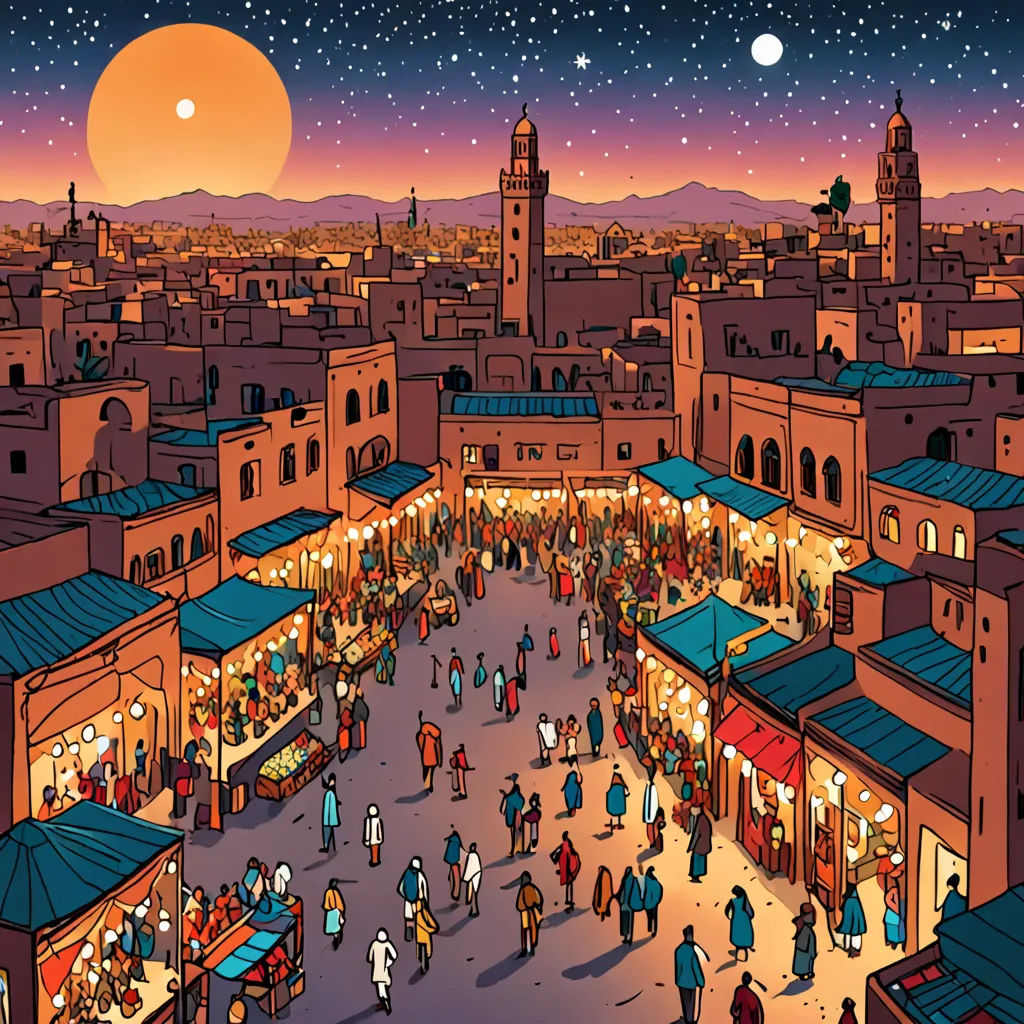 a painting of a city with a lot of people walking around it at night time with a full moon in the sky, art & language, a comic book panel, Asaf Hanuka, orientalism