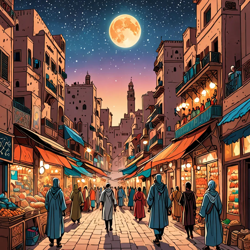 a painting of a city street with people walking around it at night time with a full moon in the sky, magical realism, a comic book panel, Asaf Hanuka, orientalism