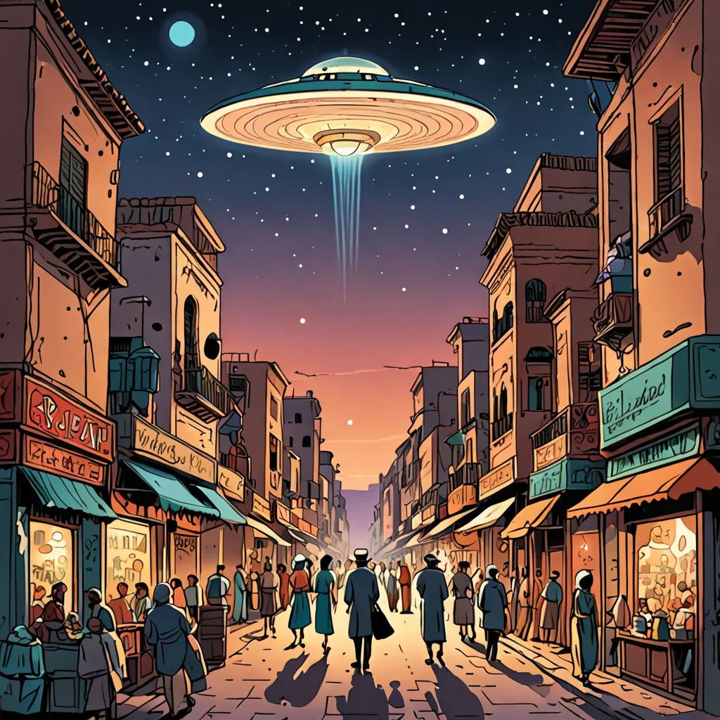 a painting of a city street with people walking around it and an alien hovering above the street in the sky, retrofuturism, a comic book panel, Asaf Hanuka, josan gonzales and dan mumford