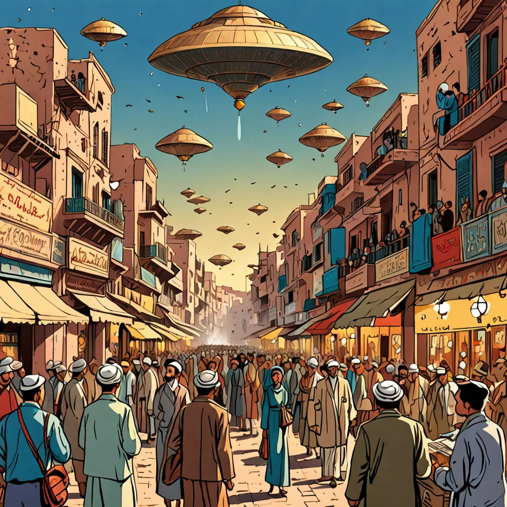 a group of people walking down a street next to tall buildings and flying objects in the sky above them, afrofuturism, a comic book panel, Asaf Hanuka, orientalism