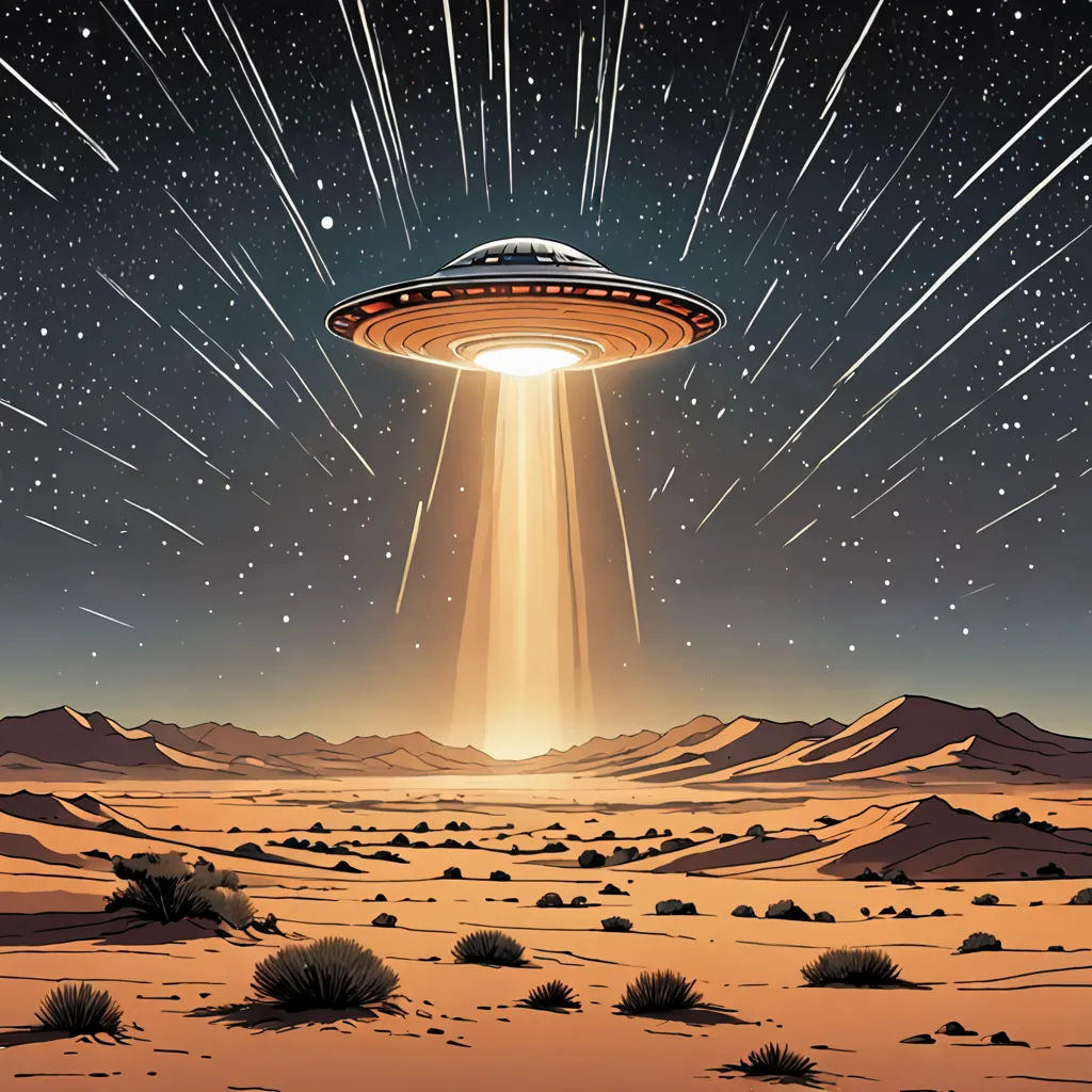 a space station flying over a desert under a star filled sky with stars and a light beam in the sky, space art, poster art, Dan Mumford, josan gonzales and dan mumford