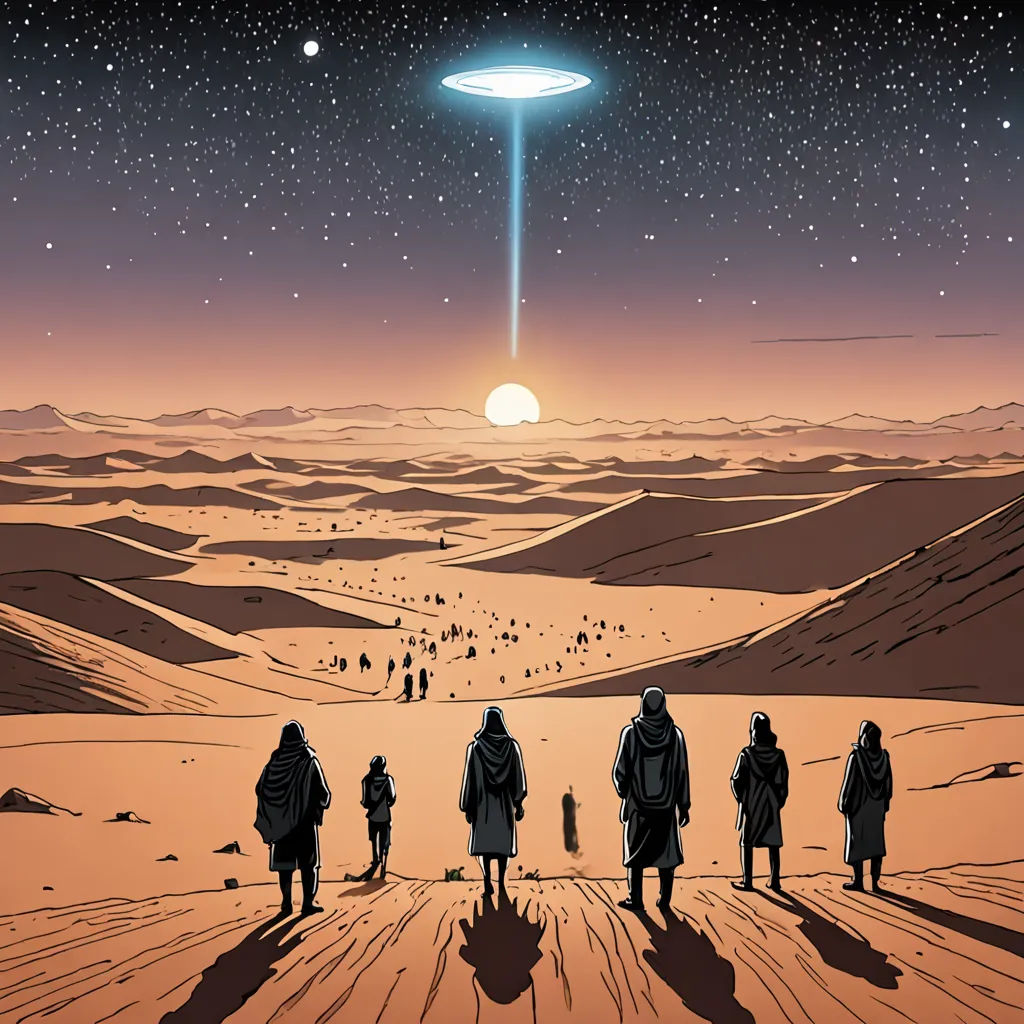 a group of people standing in the desert under a bright sky with an object above them and a star above, serial art, a comic book panel, Asaf Hanuka, promotional image