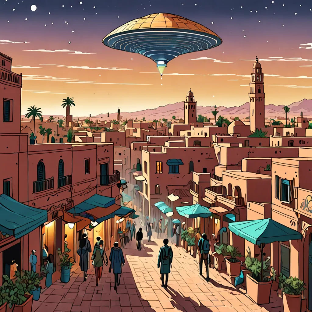 a painting of a city with a giant object hovering over it's head and people walking around it, retrofuturism, a comic book panel, Asaf Hanuka, orientalism