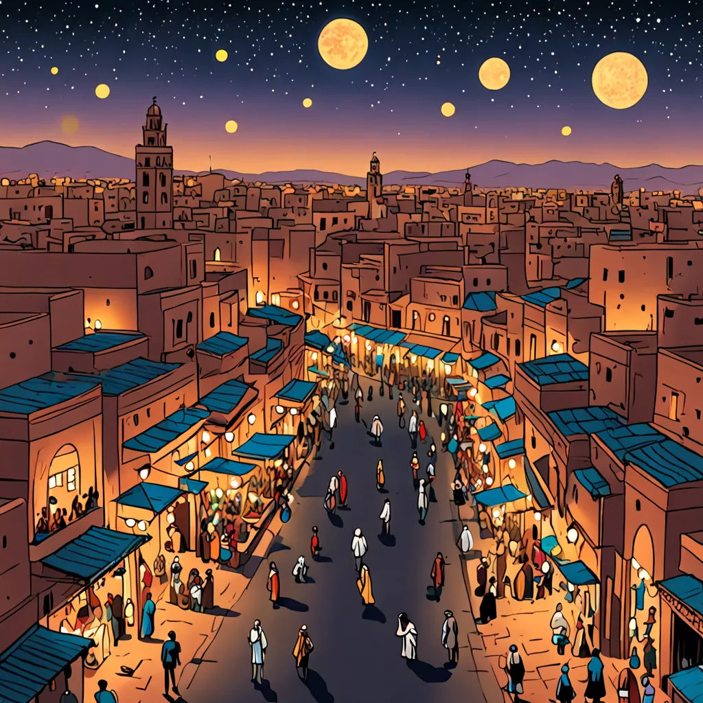 a city street with a lot of people walking around it at night time with the moon in the sky, space art, a comic book panel, Asaf Hanuka, orientalism