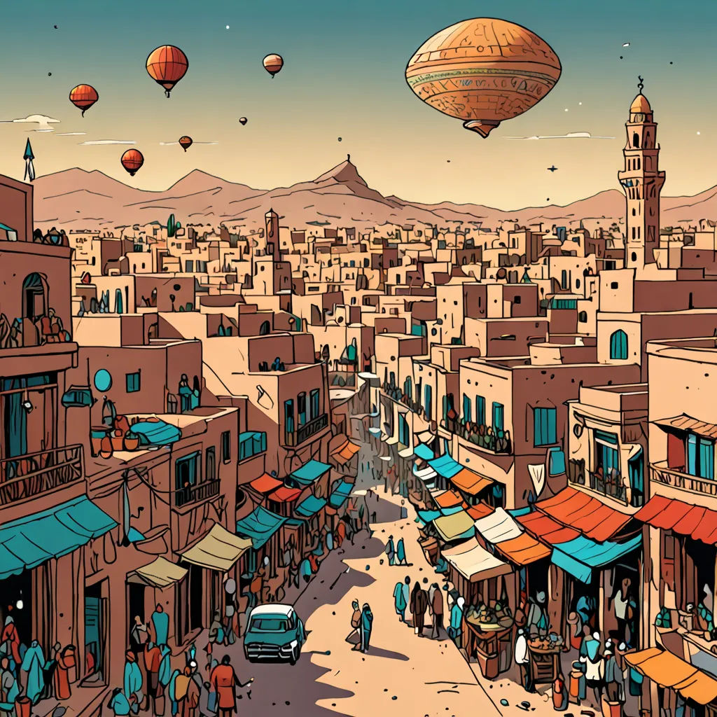 a painting of a city with a lot of people and hot air balloons in the sky above it and a few people walking around, retrofuturism, a comic book panel, Asaf Hanuka, orientalism