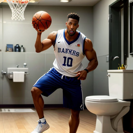 a man in a bathroom holding a basketball in his hand and a toilet in the background with a sink and toilet paper on the wall