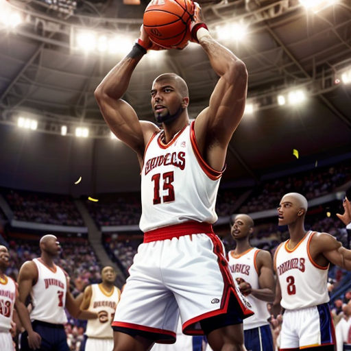 a man is holding a basketball in a stadium with other players in the background and confetti falling from the basket