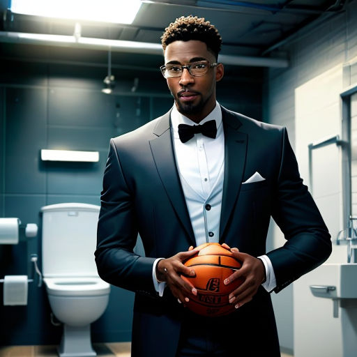a man in a tuxedo holding a basketball in a bathroom with a toilet in the background and a toilet bowl in the background
